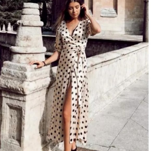 Zara Dresses & Skirts - Zara Cream and Black Polka Dot Wrap Dress